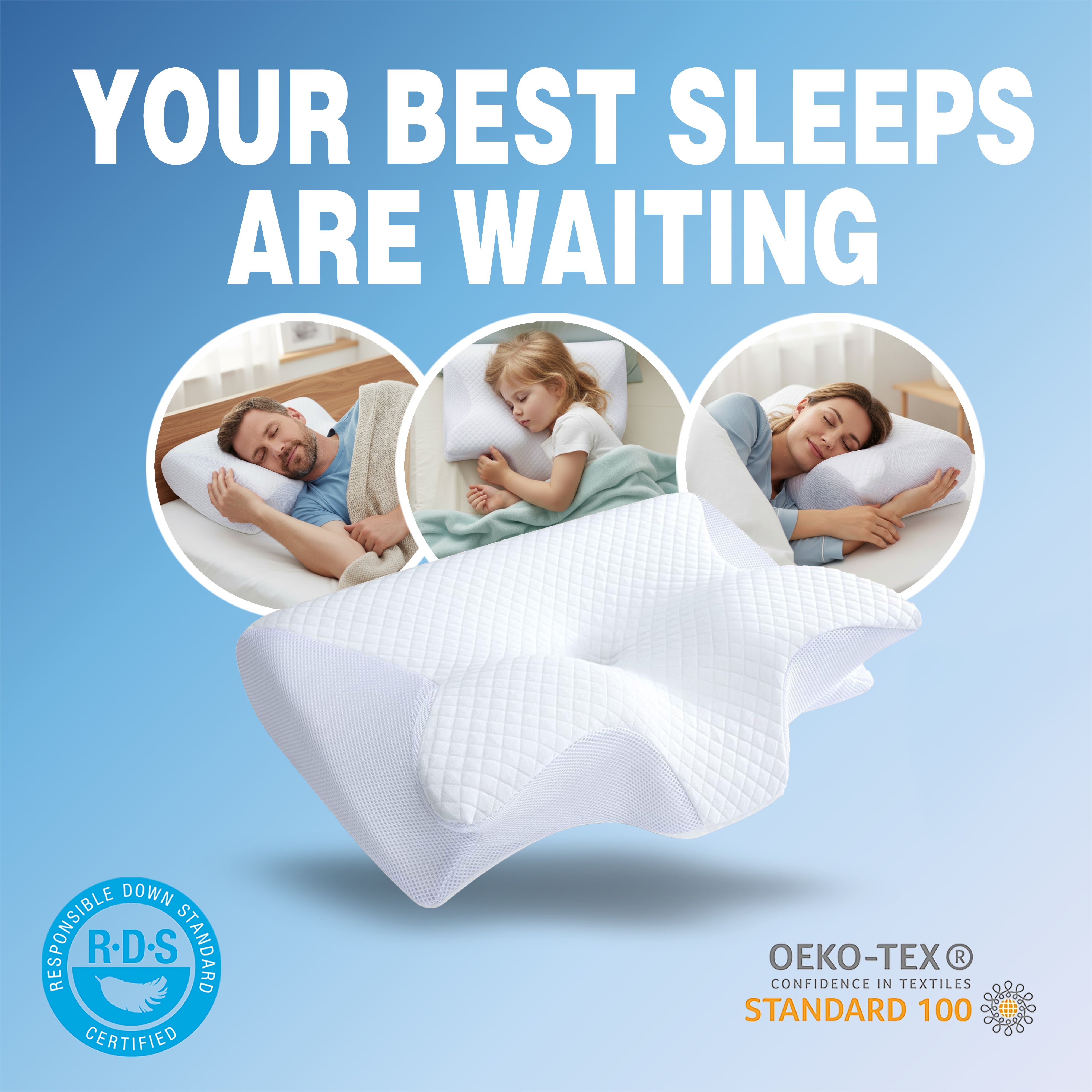 Advertisement for a pillow with people sleeping, featuring text 'Your best sleeps are waiting' on a blue background.